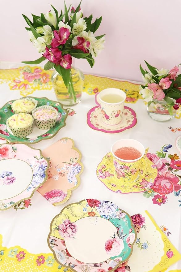 Talking Tables ﻿Floral Paper Table Cover Disposable Tablecloth For Mother's Day Afternoon Tea Party Decoration For Birthday, Bridal Party, Baby Shower, Wedding, Rectangular, 70" x 47" Pink & Yellow