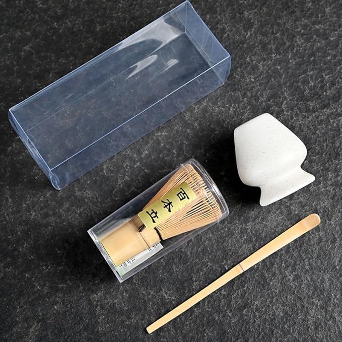 Japanese Matcha Tea Set, Bamboo Whisk (Chasen) + Matcha Scoop (Chashaku)+Ceramic Whisk Holder,fit for Japanese Tea Matcha Tea,Matcha Latte Accessories (I)