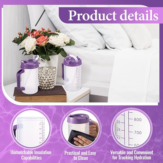 4 Pcs 32 oz Hospital Water Cup with Straw and Lid Insulated Double Walled Water Cup with Handle and Straw Elderly Bottle Plastic Drinking Carafe Insulated Mug (Purple)