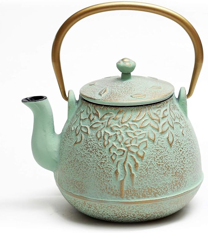 Tea Kettle, TOPTIER Japanese Cast Iron Teapot with Infuser for Loose Leaf and Tea Bags, Stovetop Safe Cast Iron Tea Kettle Coated with Enameled Interior for 40 oz (1200 ml), Light Green