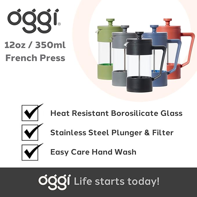 Oggi French Press Coffee Maker (12oz)- Borosilicate Glass, Coffee Press, Single Cup French Press, 3 cup Capacity, Charcoal