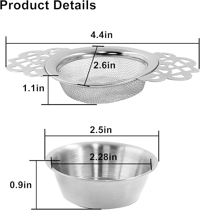 4 Pack Tea Strainers with Drip Bowls, Stainless Steel Tea Strainer Bowl Loose Leaf Tea Filter for 2.5-4 Inch Cup Mouth (Sliver)