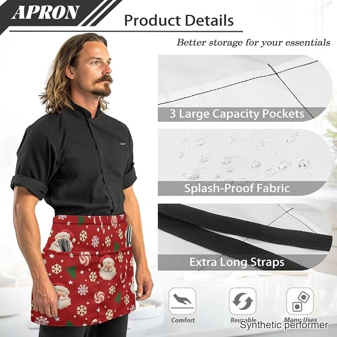 Waist Apron with 3 Pockets Waterproof 13 Inch Short Half Waist Aprons Women Men Server Aprons Waitress Waiter Apron - Image 6