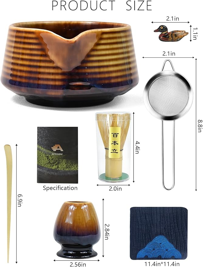 Artcome Matcha Tea Set – Japanese Matcha Kit with Bamboo Whisk, Pouring Spout Bowl, Scoop, Sifter, Holder & Manual – Ceramic & Bamboo Traditional Tea Ceremony Tools