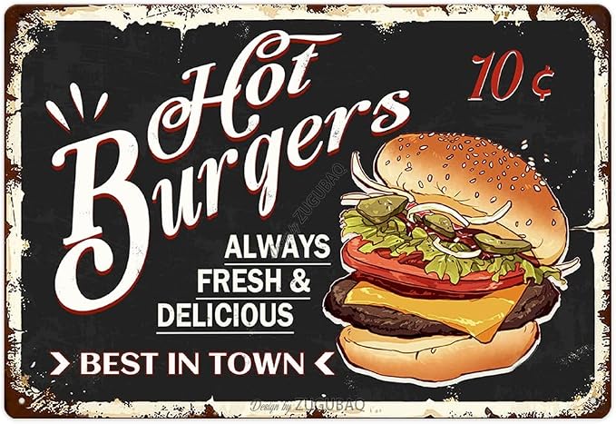 Hot Burgers Tin Signs Vintage Metal Sign Funny Food Art Printing Poster Wall Decor for Home Kitchen Bar Restaurant Cafe Pub Indoor Outdoor 12x8 Inch Hanging Plaque by ZUGUBAQ