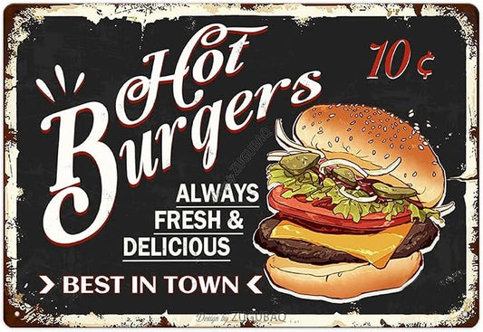 Hot Burgers Tin Signs Vintage Metal Sign Funny Food Art Printing Poster Wall Decor for Home Kitchen Bar Restaurant Cafe Pub Indoor Outdoor 12x8 Inch Hanging Plaque by ZUGUBAQ