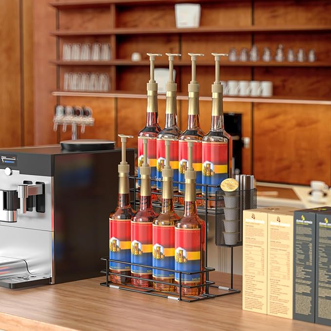 OVICAR Coffee Syrup Organizer Rack - 8 Bottle Holder Stand for Coffee Bar & Station Accessories with Straw & Pod Basket, 2 Tiers Black