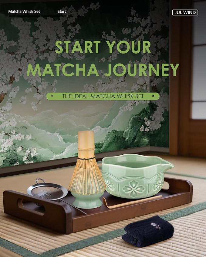 Matcha Whisk Set, Ceramic Matcha Bowl, Bamboo Whisk, Scoop, Sifter, Holder, Tea Towel - 6 Pcs Matcha Kit Gift for Matcha Lovers Beginners (Green)