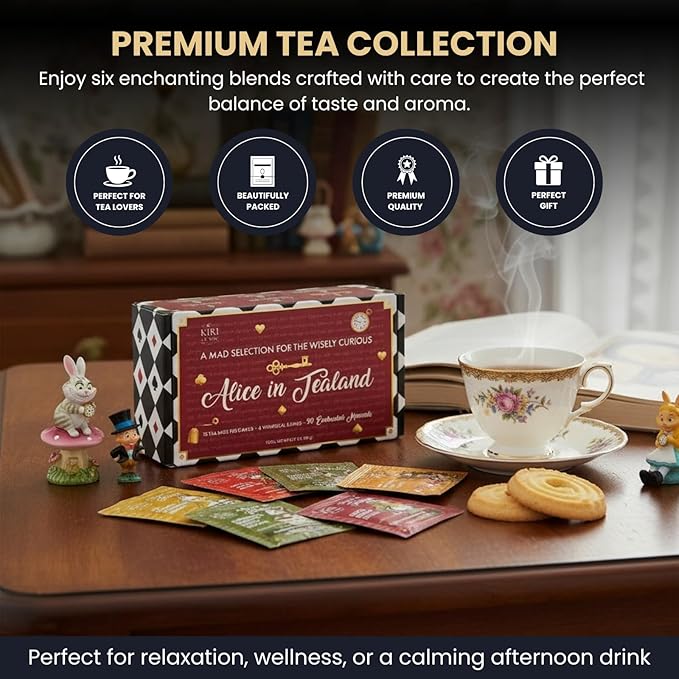 Alice’s Adventures in Wonderland Tea Gift Set – 90 Count Literary Tea Bags Variety Pack with Book Quotes and Illustrations | Alice in Tealand Collection | 6 Whimsical Inspired Flavors Teas Gift Set