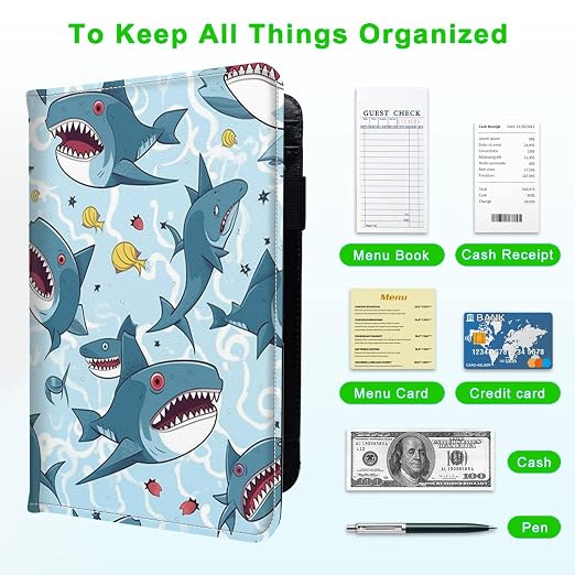 Server Books for Waitress, with 7 Large Pockets, Waiter Serving Book, Waitstaff Server Order Pads, Cute PU Leather Server Book with Pen Holder Fit Server Apron, Cartoon Sharks - Image 5