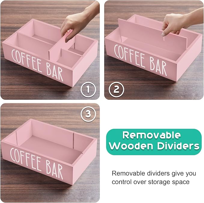 ALELION Coffee Station Organizer - Wood Countertop Accessories Organizer with Removable Dividers for Pods Condiment Syrup Tea Cups Stirrers - Pink Decor for Kitchen Coffee Bar