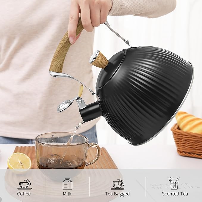 LONFFERY Tea Kettle for Stove Top, 2.5 Quart Whistling Tea Kettle, Stainless Steel and Wood Pattern Folding Handle, Black