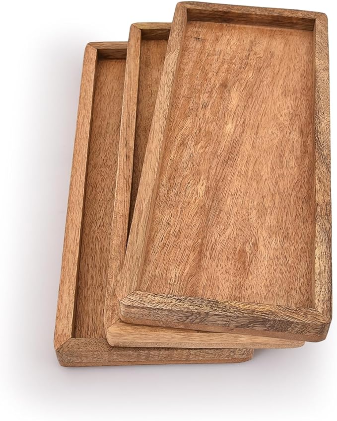 Samhita Mango Wood Serving Platter with Raised Edge -Set of 3 for Display Fruit Snacks Appetizer Sushi Food Decorative (12" x 5" x 0.75")