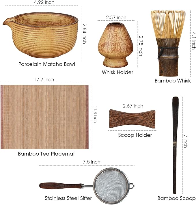 Matcha Whisk Set, 7-Piece Matcha Kit with Ceramic Matcha Bowl, Bamboo Whisk, Scoop & Sifter - Complete Matcha Tea Set Perfect for Beginners & Matcha Lovers (Mottled Yellow)
