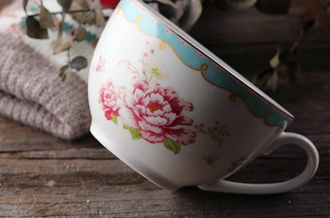 Jusalpha Serve of 4 Vintage Rose China Tea Cup/Coffee Cup Spoon and Saucer Set- 7 Oz, Afternoon Tea Set, Gift for Women TCS29(4)