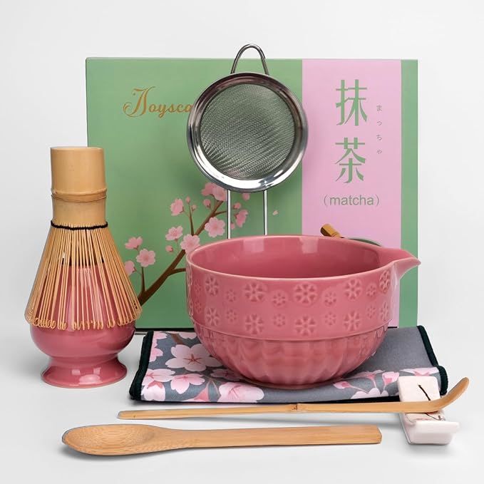 Joyscale Matcha Whisk Set, Matcha Set Whisk And Bowl, 8 Pcs Matcha Kit Set(Cherry Blossom Design), 18 OZ, Japanese Matcha Tea Set, Matcha Making Kit Gifts for Tea Lovers(Rouge Red)
