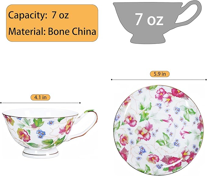 Tea cup and Saucer Set Royal Garden Style Tea Coffee Cup with Saucer 7 Ounces Bone China Teacup and saucer Set (White-Flower)
