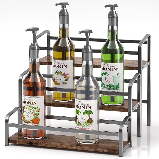DTUQYX Coffee Syrup Organizer 3-Tier, 12 Bottles Capacity Coffee Syrup Rack, Syrup Stand for Spice, Wine, Liquor, Bottle, Coffee Bar Station Racks Magnetic, No Installation (Dark-Colored Wood, Grey)