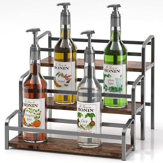 DTUQYX Coffee Syrup Organizer 3-Tier, 12 Bottles Capacity Coffee Syrup Rack, Syrup Stand for Spice, Wine, Liquor, Bottle, Coffee Bar Station Racks Magnetic, No Installation (Dark-Colored Wood, Grey)