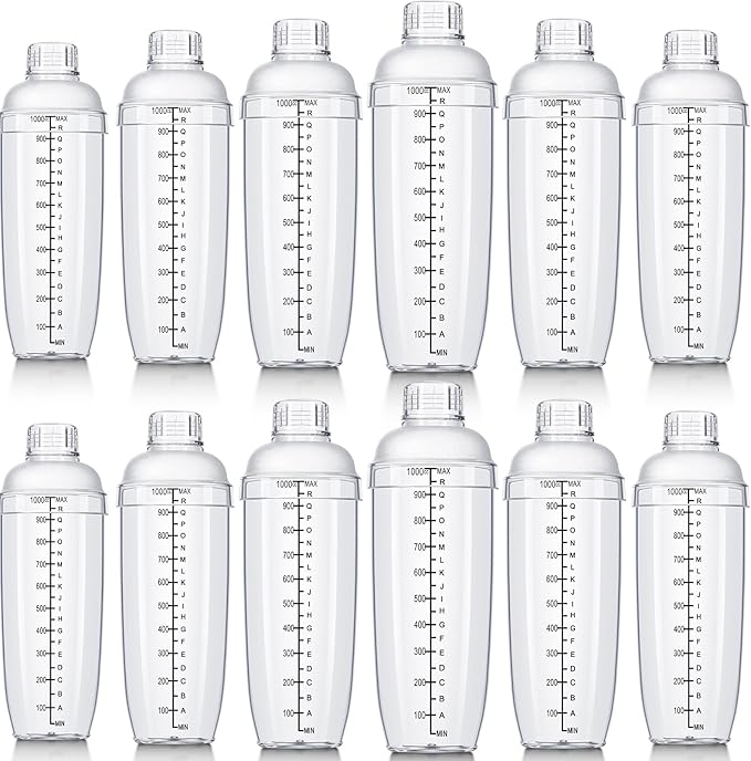 Lallisa 12 Pcs Plastic Cocktail Shaker Drink Mixer with Scales and Strainer Top Clear Shaker Cup with Measurement Plastic Mixing Tool for Tea Coffee Bubble Tea Milk(1000 Cc/ 34 oz)
