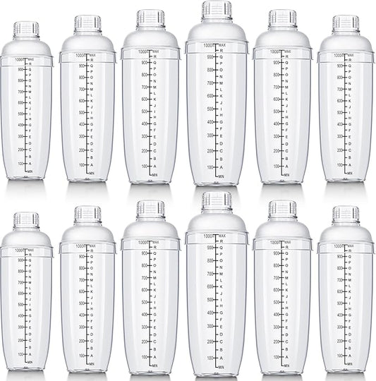 Lallisa 12 Pcs Plastic Cocktail Shaker Drink Mixer with Scales and Strainer Top Clear Shaker Cup with Measurement Plastic Mixing Tool for Tea Coffee Bubble Tea Milk(1000 Cc/ 34 oz)