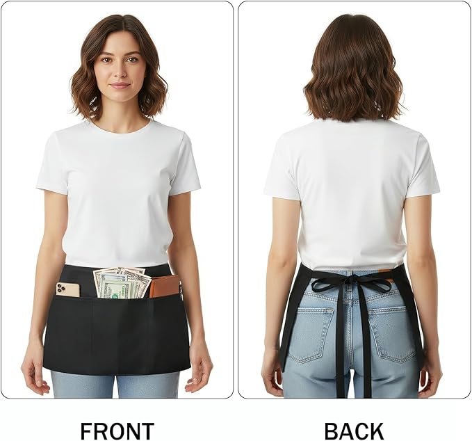 BOHARERS Waist Apron with 3 Pockets 3 Pack - Black Waitress Server Short Apron