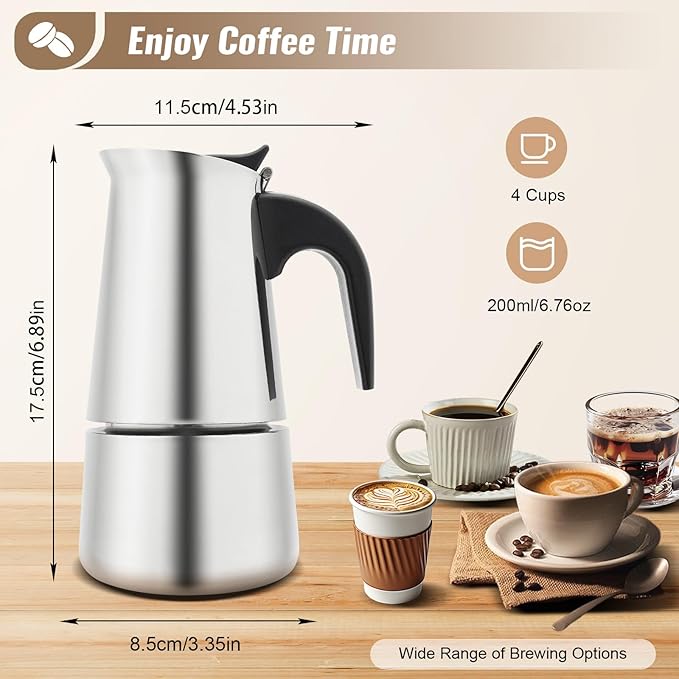 Espresso Machine, 4 Cups Stovetop Moka Pot, 200ml Portable Espresso Coffee Maker, Stainless Steel Coffee Pot with Electric Stove, Stainless Steel Italian Coffee Machine Maker
