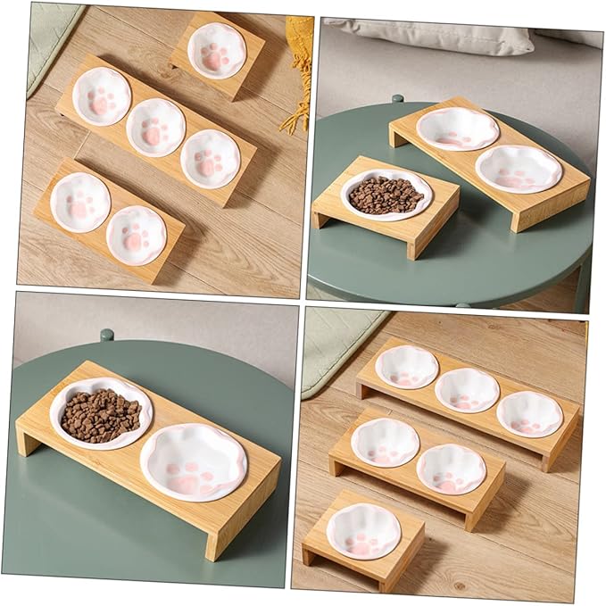 Whisker Friendly Cat Bowl Elevated Ceramic Pet Bowl Bamboo Rack Cat Food Indoor Dishes