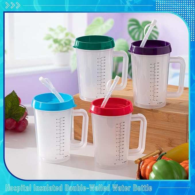 4 Pcs 20 oz Hospital Water Cup with Straw and Lid Insulated Double Walled Elderly Water Bottle Hospital Carafe Mug with Handle Graduated Plastic Drinking Sippy Cup for Adult(Mixed Color)