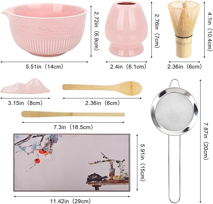 PHILORN Matcha Whisk Set, 9Pcs Ceramic Macha Kit, Matcha Set Whisk and Bowl with Spout, Whisks, Holder, Bamboo Scoop, Scoop Rest, Sifter and Tea Towel for Macha Lover (Pink)