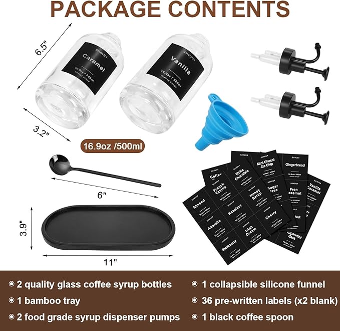 Glass Coffee Dispenser - 16.9oz, Black Scoop, 36 Labels, Bamboo Tray & Pump, 2-Pack - Image 2