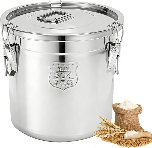 5.55Gal/21L Stainless Steel Airtight Canister, 304 Stainless Steel Food Storage Container, 710.4oz Large Metal Bucket with Lid and Lock Clips for Coffee Beans, Flour, Tea, Sugar, Cereals