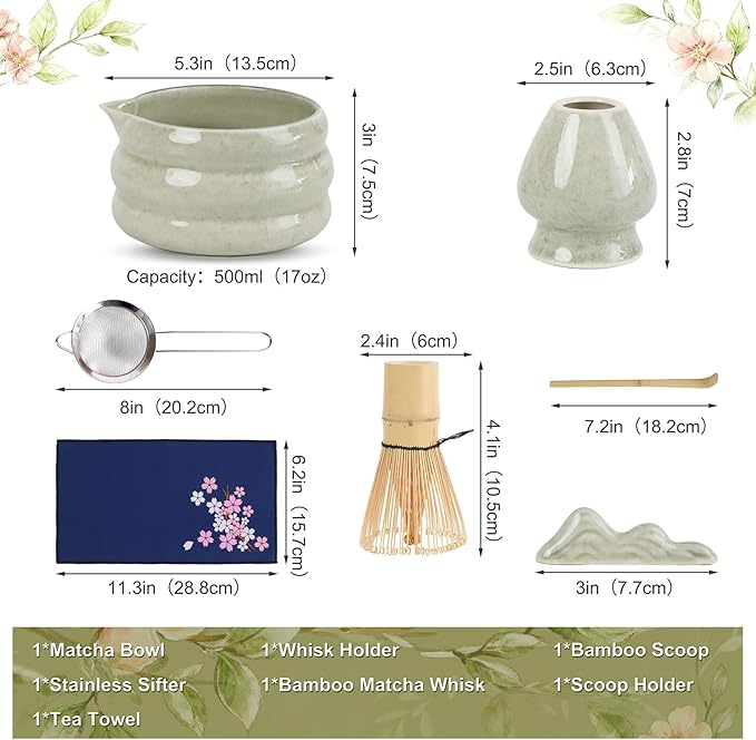 Green Matcha Whisk Set, Ceramic Matcha Kit Set Valentine Gift Present Includes Matcha Bowl, Matcha Whisk and Holder, Bamboo Scoop, Scoop Rest, Sifter and Tea Towel - 7 Pcs Kit for Matcha Lovers