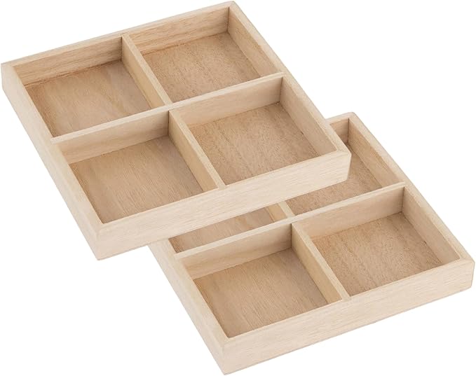 Wooden Candy Platters - Set of 2, 7"x7" Bamboo Square Serving Trays for Parties, Events, and Home Decor - 4 Compartment Candy and Snack Organizer (2 Pack)