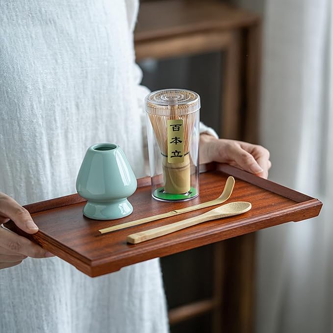 Matcha Whisk Set - Matcha Set 4 Pcs - Bamboo Matcha Whisk + Ceramic Whisk Holder + Scoop +Spoon - 100% Handmade from natural Bamboo - for starter