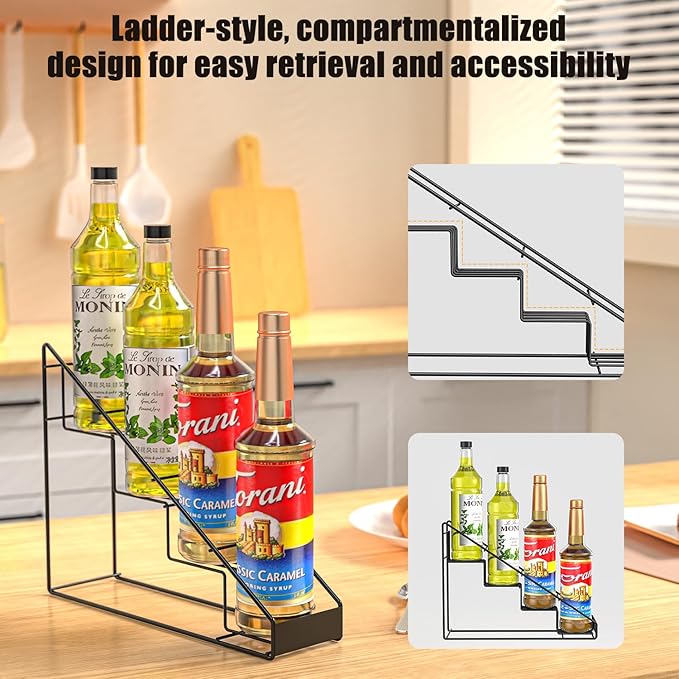 Coffee Syrup Rack for 4 Bottles (750ml), Tiered Coffee Syrup Organizer & Holder, Heavy-Duty Metal Syrup Rack, (4 bottles of black)