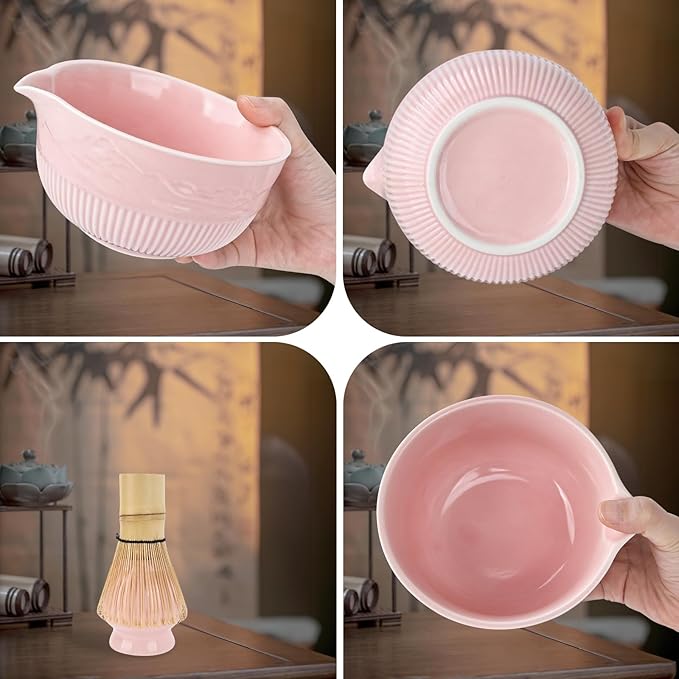 PHILORN Matcha Whisk Set, 9Pcs Ceramic Macha Kit, Matcha Set Whisk and Bowl with Spout, Whisks, Holder, Bamboo Scoop, Scoop Rest, Sifter and Tea Towel for Macha Lover (Pink)