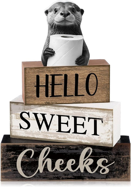 Moucuny 4 Pcs Otter Bathroom Decor Set Farmhouse Bathroom Decor and Accessories Rustic Hello Sweet Cheeks Wooden Blocks Signs with Toilet Paper Funny Toilet Shelf Decoration for Home Office Half Bath