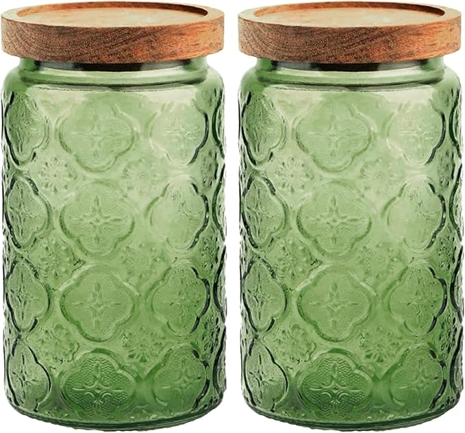 Glass Jar with Lid, Vintage Glass Storage Jars with Airtight Lid Coffee Canister Sugar Container for Kitchen Counter Pantry, Spice, Candy, Coffee Beans, Tea, Oats (34FL OZ Begonia Green)