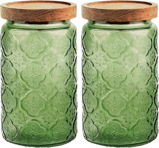 Glass Jar with Lid, Vintage Glass Storage Jars with Airtight Lid Coffee Canister Sugar Container for Kitchen Counter Pantry, Spice, Candy, Coffee Beans, Tea, Oats (34FL OZ Begonia Green)