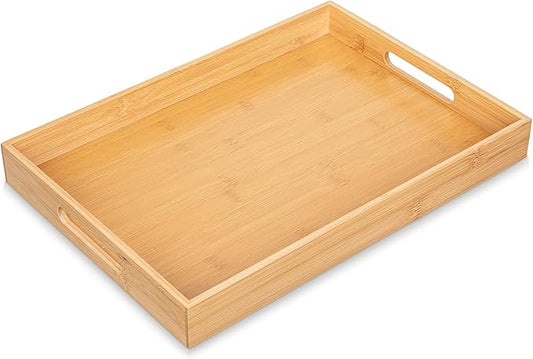 Briful Bamboo Decorative Tray with Handles - 16 x 12 Inch Rectangle Serving Tray for Coffee Table Decor Farmhouse Kitchen Counter Organizer & Bathroom Vanity Tray