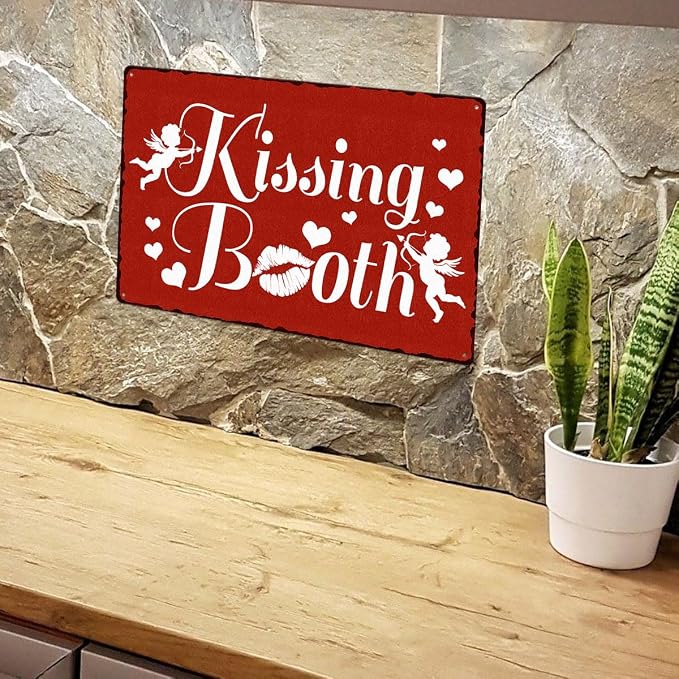 Kissing Booth Tin Sign Love Heart Pattern Metal Signs Valentine's Day Wall Art Decoration Home Farmhouse Bar Kitchen Cafe Living Room Coffee Corner White Day Decor Romantic Gift 12" x 8" - Image 6