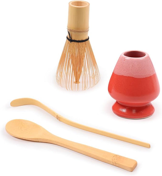 BambooMN Matcha Green Tea Whisk And Scoop 4 Piece Set - Coral Holder - 1 Set