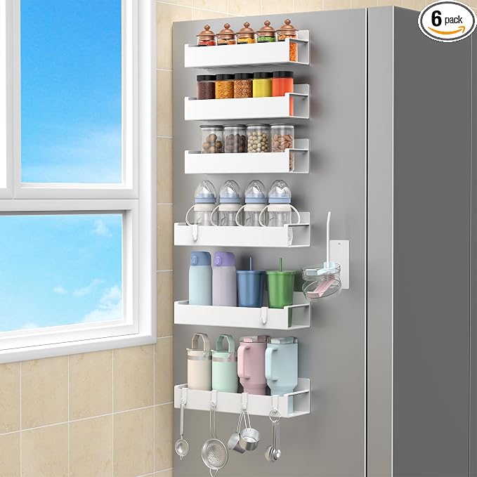 HuggieGems Magnetic Water Bottle Holder for Refrigerator, Cup Holder Organizer for Stanley and Tumbler for Kitchen, 6 Pack, White by HuggieGems