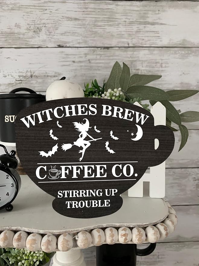 Halloween Witches Brew Coffee Co.Wood Sign Coffee Cup Wooden Sign Alloween Coffee Shop Home Kitchen Office Cafe Coffee Station Door Wall Decor 4.8x6.78 Inch - Image 3