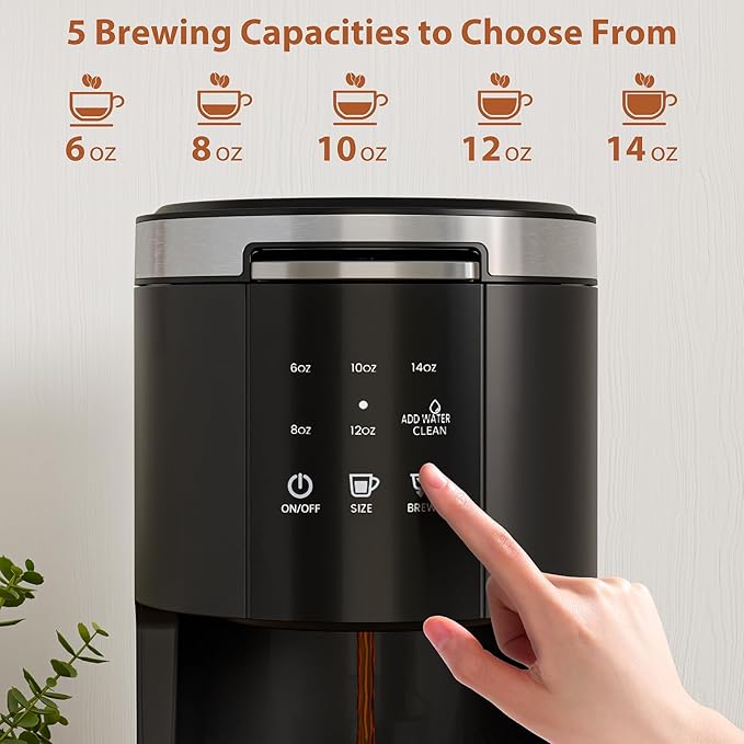 WAA Single Serve Coffee Maker, Fast Coffee Brewer for Capsule and Ground Coffee, Small Coffee Machine with 6 to 14 oz Brew Sizes and 40 oz Removable Water Tank for Home, Office, Travel and RV, Black