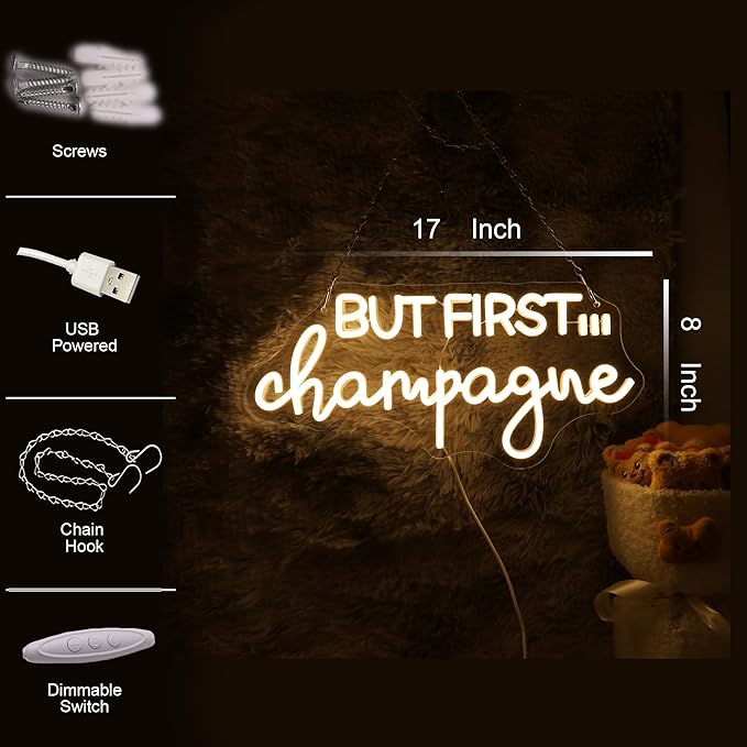 But First...Champagne Neon Sign – LED Wall Light for Champagne Wall, Party Backdrop, Bridal Shower, Bachelorette, Bar or Home Decor – Modern Pink Neon Aesthetic Sign (17 * 8 Inch)
