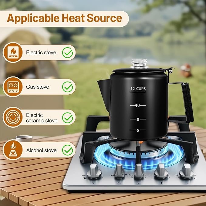 No Coating 12 Cup Percolator Coffee Pot 304 Stainless Steel Moka Pot Stovetop Espresso Maker Italian Greca Cuban Machine 2200ml 74.4oz Suitable for Gas Induction Stovetop Camping Kettle