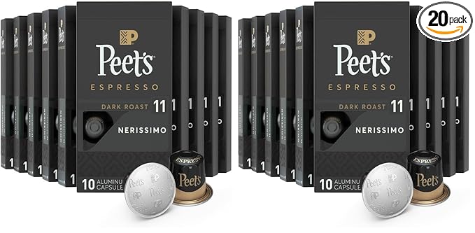Peet's Coffee, Dark Roast Espresso Capsules, Compatible with Nespresso Original Machine - Nerissimo Intensity 11, 100 Count (10 Boxes of 10 Espresso Capsules) (Pack of 2)
