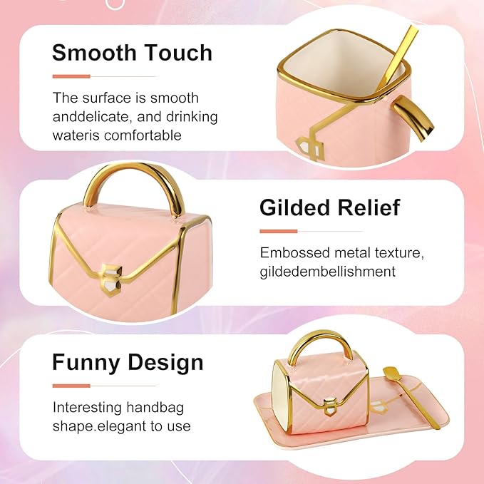 Handbag Shaped Mug, Handbag Coffee Mug And Saucer, Purse Coffee Ceramic Mug Set 10 Oz/ 310 ml Cute Creative Design Travel Tea Cup for Women Thanksgiving